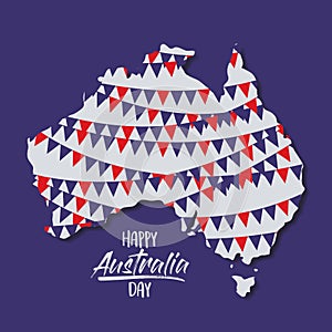 Happy australia day poster with festoons in australia map in dark blue background