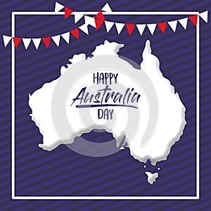 Happy australia day poster with white frame and australian map over dark blue background