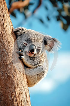 Happy Australia Day. Sleeping koala on tree against blue sky. Vertical banner. Free space for text. Template for poster, greeting photo