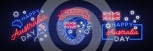 Happy Australia on January 26, a set of festive elements in the neon style. Collection of neon signs, ribbon with