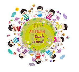 Happy autumn and back to school. Bright background with funny animals and happy kids which are on the ground round