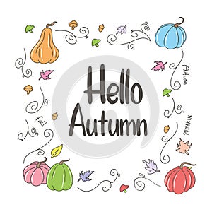 Happy autumn frame Vector illustration with Pretty Pumpkin and Bouquets Harvest Autumn Fall leaves