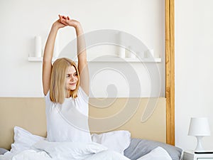 happy awakening healthy sleep rested woman bedroom