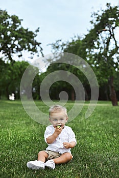 Happy baby boy 1 year old sitting on the grass and eating an apple in green park in summer day. Concept of childhood