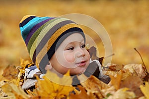 Happy baby boy in autumn leaves
