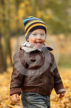 Happy baby boy in autumn leaves