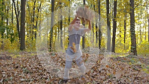 Happy baby boy in autumnal park. Little child playing on autumn walk. Autumnal trees with golden leaves.