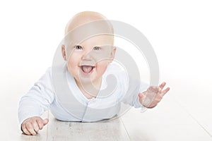 Happy Baby Boy, Infant Kid Lying on White Floor, Child on White