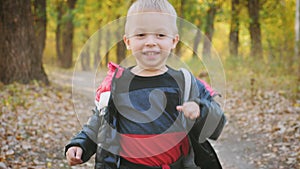 Happy baby boy running in autumnal park. Little child playing on autumn walk. Autumnal forest with golden leaves