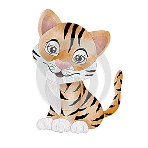 Happy baby female tiger cartoon character watercolor drawing