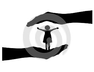 A happy baby girl in big hands, protect her. Vector Silhouette