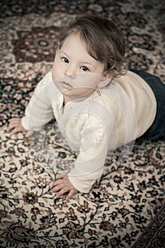 Happy Baby Girl at Home Crawling