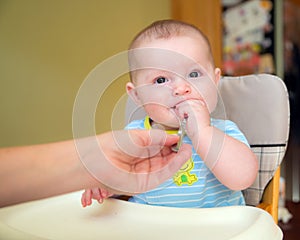 Happy baby infant boy eating meal