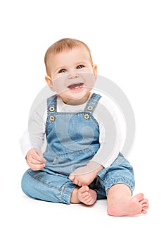 Happy Baby, Infant Kid Sitting on white background, Smiling One year old Child