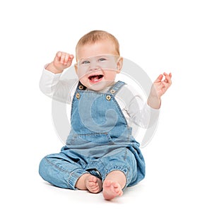 Happy Baby, Infant Kid Sitting on white, Laughing One year old Child
