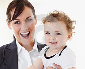 Happy, baby and mom in portrait with business, work and motherhood with a professional career. Mockup, space and woman