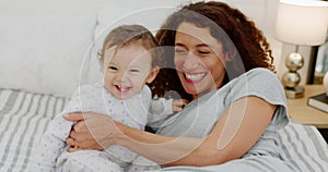 Happy, baby and mother, love and play together, spending quality time bonding in the home. Family, playful and woman and