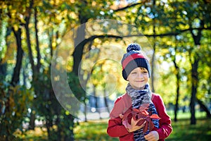 Happy baby playing with leaves in nature. Sunny autumn day. Boy in a cap