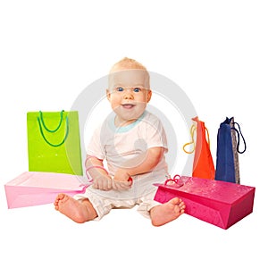 Happy baby shopping. Isolated on white