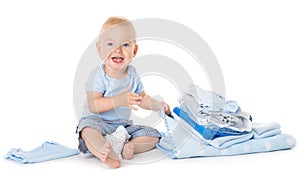 Happy Baby sitting in Clothing, Toddler Kid with Towel Cloth on White