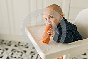 Happy baby sitting in high chair eating carrot in kitchen copy space. Healthy nutrition for kids. Bio carrot as first