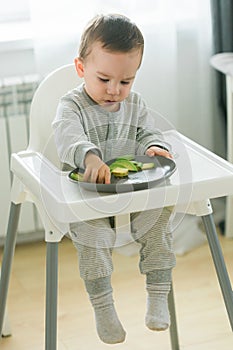 Happy baby sitting in high chair eating fruit in kitchen. Healthy nutrition for kids. Bio carrot as first solid food for