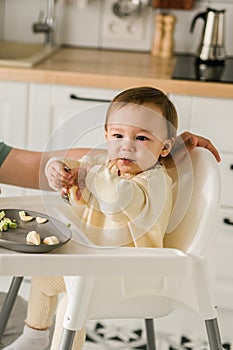 Happy baby sitting in high chair eating fruit in kitchen. Healthy nutrition for kids. Bio carrot as first solid food for