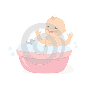 Happy baby taking a bath playing with foam bubbles.Infant baby bath time template