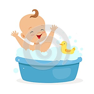 Happy baby taking a bath playing with foam bubbles and yellow duck, colorful cartoon character vector Illustration