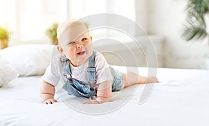 Happy baby toddler in bed