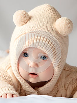 Happy baby on a white blanket. Motherhood and health. 4 month old baby