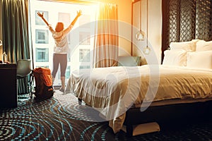 Happy backpacker traveller stay in high quality hotel photo
