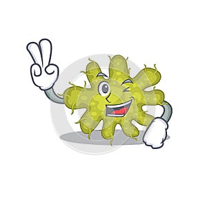 Happy bacterium cartoon design concept with two fingers photo