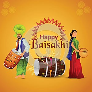 Happy Baisakhi Celebration Background with Punjabi Man Playing Dhol, Young Woman Dancing and Indian Sweet (Laddu