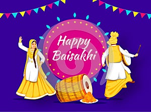 Happy Baisakhi Celebration Background with Punjabi Man Playing Dhol, Young Woman Dancing and Indian Sweet (Laddu