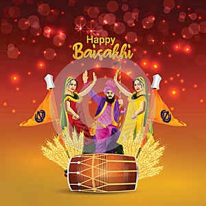 Happy Baisakhi Celebration Background with Punjabi Man Playing Dhol, Young Woman Dancing and Indian Sweet (Laddu