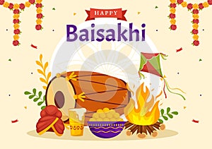 Happy Baisakhi Illustration with Vaisakhi Punjabi Spring Harvest Festival of Sikh celebration in Flat Cartoon Hand Drawn