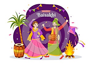 Happy Baisakhi Illustration with Vaisakhi Punjabi Spring Harvest Festival of Sikh celebration in Flat Cartoon Hand Drawn