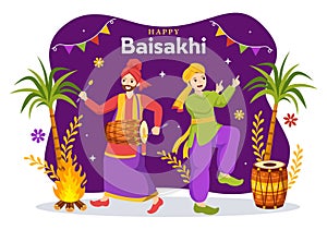 Happy Baisakhi Illustration with Vaisakhi Punjabi Spring Harvest Festival of Sikh celebration in Flat Cartoon Hand Drawn