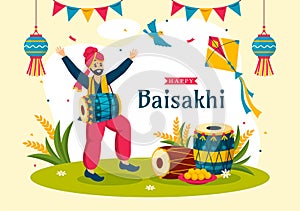 Happy Baisakhi Vector Illustration of Vaisakhi Punjabi Spring Harvest Festival of Sikh Celebration with Drum and Kite