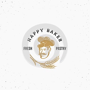 Happy Baker Premium Vector Pastry Emblem, Sign or Logo Template. Chef in a Cook Hat Silhouette with Spica and Retro photo
