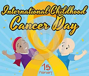 Happy Bald Kids Celebrating Childhood Cancer Day with Golden Ribbon, Vector Illustration