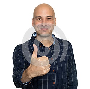 Happy bald man showing thumbs up. Isolated