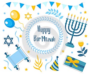Happy bar mitzvah set. Collection of design elements for Jewish holiday birthday with menorah, torah, balloons, gifts