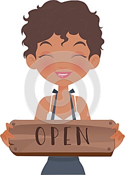 Happy Barista girl holding a wood open sign