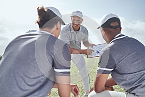 Happy baseball coach, team or strategy for planning on paper clipboard for match exercise, event training or game