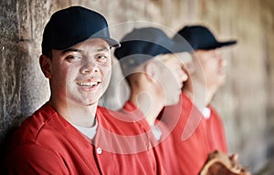 Happy baseball player portrait, bench or sports man on field at competition, training match on a stadium pitch. Softball