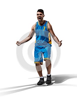 Happy basketball player isolated in white