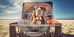 Happy Basset Hound in Beach Mode Sunglasses and Suitcase Adventure - travel and holiday concept. Generative AI