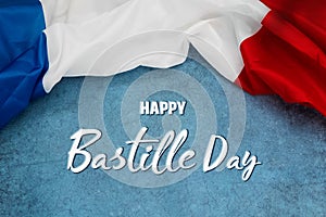 Happy Bastille Day. 14th July. Flag of France on a blue background with text. Celebrating a public holiday. Independence Day.